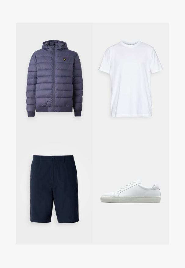 Moška temno modra zložena pufasta jakna s kapuco, sprednjim zadrgo, rebrastimi manšetami in majhnim rumenim ptičkom na levi prsni strani.; Bela bombažna majica s kratkimi rokavi, okroglo ovratnico in sproščenim krojem. Ima minimalističen dizajn, brez vzorcev ali dodatkov.; Mornarsko modre kratke hlače iz lahkotnega blaga, s klasičnim krojem, zadnjimi žepi in sprednjim zapiranjem na gumb z zadrgo.; Bela športna obutev z gladkim usnjenim zgornjim delom in nizkim profilom. Ima zaokrožen nos, šest lukenj za vezalke in teksturiran gumijast podplat.
