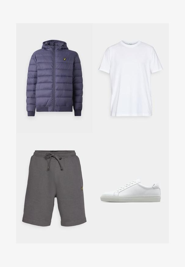 Herre navy blå quilted pufferjakke med hette, frontglidelås, ribbestrikkede mansjetter og liten gul fuglelogo på venstre bryst.; Hvit bomulls t-skjorte med korte ermer, rund hals og avslappet passform. Har et minimalistisk design, uten mønstre eller detaljer.; Grå bomullsshorts med snor i midjen, med en teksturert finish og en liten gul logo på venstre side. Klassisk snitt.; Hvit sneakers med en glatt skinnoverdel og lav profil. Har en rund tå, seks snøring hull, og en teksturert gummisåle.
