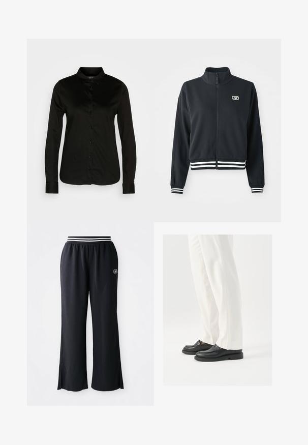 Svart zip-up jakke med høy krage, hvite stripete mansjetter og søm, med en liten logo på brystet. Glatt stoffstruktur.; Svart langermet skjorte med knapper og klassisk krage, laget av glatt stoff, med en rekke svarte knapper og knappefester ved ermene.; Svarte trening bukser med bred ben design, elastisk midjebånd med svarte og hvite striper, og sidesplitter i sømmen.; Sorte lærloafers med en glat tekstur, syningdetaljer og en rund tå, parret med hvide skræddersyede bukser.