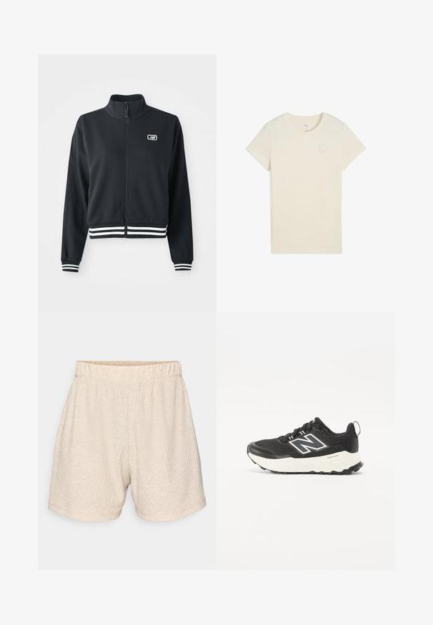 Black zip-up jacket with a high collar, white striped cuffs and hem, featuring a small logo on the chest. Smooth fabric texture.; Short-sleeved light beige t-shirt made of soft cotton, featuring a small white Puma logo patch on the upper left chest.; Beige, textured shorts with an elastic waistband. Features subtle vertical stripes and a relaxed, straight-cut design. No pockets.; Black athletic shoes with a textured fabric upper, contrasting white midsole, and a prominent grey logo on the side. Rubber sole with traction.