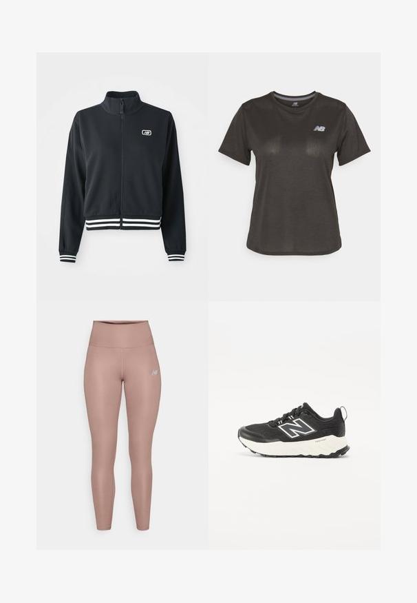 Črna zip-jakna z visokim ovratnikom, belimi črtastimi manšetami in robom, z majhnim logotipom na prsih. Gladka tekstura tkanine.; Črni športni majica s kratkimi rokavi, izdelana iz lahkega blaga. Ima subtilen teksturiran vzorec in majhen bel logo na prsih.; New Balance HARMONY HIGH RISE - Pajkice - earth shadow; Črne športne čevlje z zgornjim delom iz teksturirane tkanine, kontrastno belo srednje podplat in izrazitim sivim logotipom ob strani. Gumijast podplat z oprijemom.