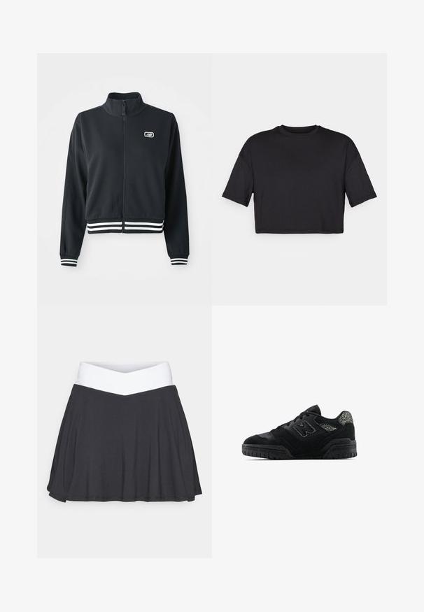 Mustat vetoketjullinen takki, jossa on korkea kaulus, valkoiset raidalliset hihansuut ja helma, sekä pieni logo rinnassa. Sujuva kangasrakennetta.; Musta lyhythihainen crop-top, joka on valmistettu pehmeästä kankaasta. Siinä on pyöreä pääntie ja lyhyet, leveät hihat, sekä yksinkertainen, saumaton muotoilu.; Musta skort, jossa on valkoinen ristiin menevä vyötärö. Valmistettu pehmeästä ja joustavasta kankaasta, jossa on liehuva muotoilu ja sileä pinta.; Musta matalavartinen lenkkari, jossa on teksturoitu pohja, nauhakiinnitys, mokkapaneelit ja kuviolliset yksityiskohdat kantapäässä ja sivulogossa.