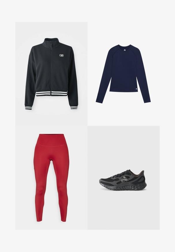 Giacca nera zip-up con colletto alto, polsini e orlo a strisce bianche, con un piccolo logo sul petto. Texture del tessuto liscia.; Maglietta a maniche lunghe navy realizzata in tessuto elasticizzato, con colletto tondo, maniche raglan e un piccolo logo vicino all'orlo.; Leggings sportivi rossi con un alto elastico in vita, texture liscia e design aderente. Presentano cuciture piatte per il comfort e un aspetto slanciato.; Scarpa sportiva nera con tomaia in rete e materiale sintetico, punta arrotondata, suola ammortizzata e sistema di allacciatura. Nota per la sua esteriore testurizzata.