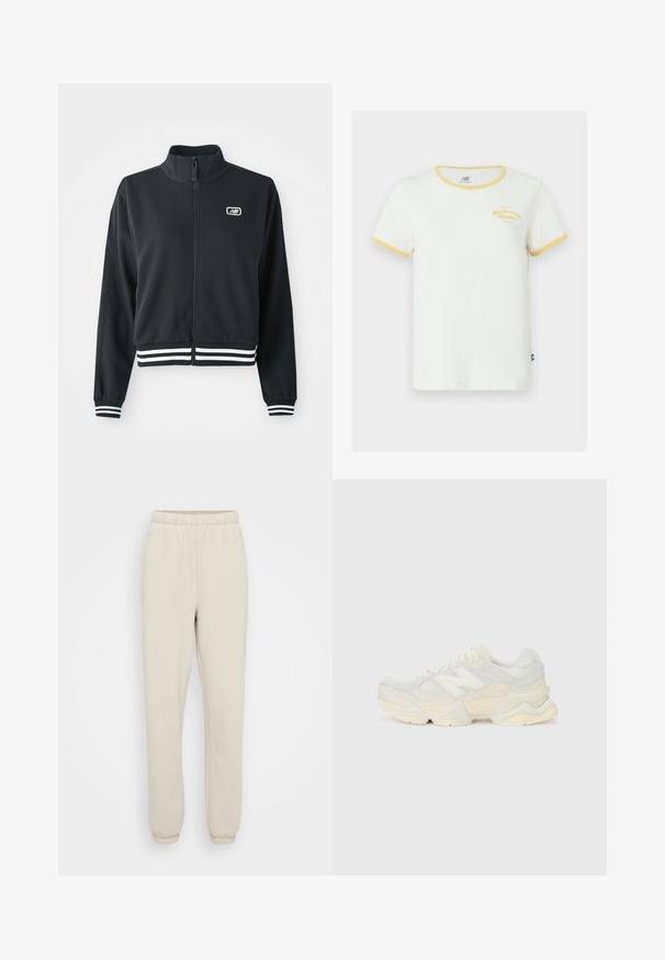 Casaco preto com fecho éclair, gola alta, punhos e bainha com riscas brancas, apresentando um pequeno logótipo no peito. Textura de tecido suave.; Camiseta de algodão branca com gola e punhos amarelos em ribana. Apresenta uma marca bordada em amarelo na parte da frente. Corte regular.; Calças de moletom beije claro feitas de um tecido macio, com uma cintura e punhos elásticos, e dois bolsos laterais. Textura suave, ajuste descontraído.; Sapatilha leve com um upper em malha e camurça em tons suaves de creme, com uma sola robusta e acentos tridimensionais.
