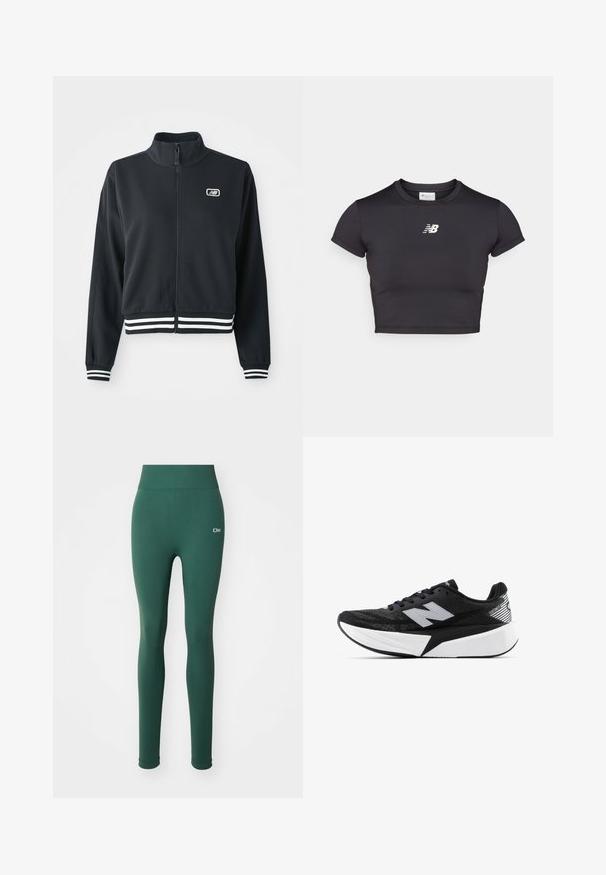 Czarna kurtka zapinana na zamek z wysokim kołnierzem, białymi paskami przy mankietach i u dołu, z małym logo na klatce piersiowej. Gładka tekstura materiału.; Czarna krótkotaliowana koszulka sportowa z krótkimi rękawami, wykonana z elastycznego materiału. Oferuje biały logo z przodu, okrągły dekolt i dopasowany krój.; Zielone legginsy o gładkiej teksturze, wysokim staniku i dyskretnym logo z przodu. Dopasowany krój i pełna długość.; Czarno-biała biegowa sneaker New Balance z grubą podeszwą, siateczkowym wierzchem i logo "N" z boku, widok od strony zewnętrznej.