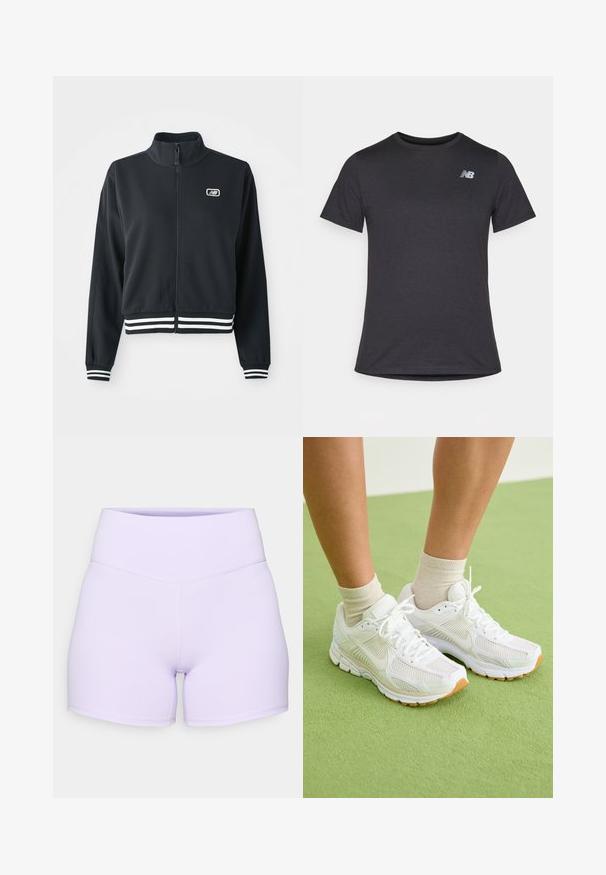 Black zip-up jacket with a high collar, white striped cuffs and hem, featuring a small logo on the chest. Smooth fabric texture.; Black short-sleeve t-shirt made of soft fabric, featuring a small gray New Balance logo on the upper left chest, classic crew neck design.; Lilac high-waisted shorts made of stretchy fabric. Features flatlock seams and a fitted design with a smooth texture.; White athletic shoes with mesh fabric, rubber soles, and accenting beige details. Worn with light-colored socks on a green surface.