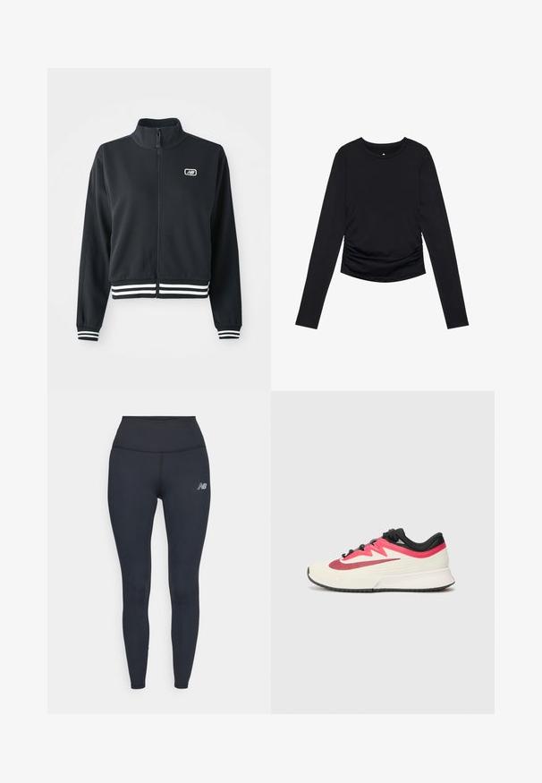Casaco preto com fecho éclair, gola alta, punhos e bainha com riscas brancas, apresentando um pequeno logótipo no peito. Textura de tecido suave.; Top preto de manga longa com decote redondo e detalhes franzidos nas laterais, exibido contra um fundo branco puro.; Leggings pretos de cintura alta feitos de material elástico, com um design elegante e um pequeno logótipo refletor na coxa.; Sapatilha de corrida com parte superior em creme, detalhes em vermelho e preto, e superfície texturizada. Apresenta atacadores pretos e uma sola almofadada para conforto.