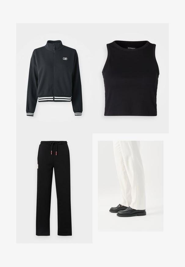 Black zip-up jacket with a high collar, white striped cuffs and hem, featuring a small logo on the chest. Smooth fabric texture.; Black ribbed crop tank top with a round neckline and sleeveless design. Made from soft, stretchy fabric, featuring clean hemmed edges.; Black sweatpants with a drawstring waist, featuring red and white accents, side pockets, and a small label on the front. Smooth texture.; Black leather loafers with a smooth texture, stitch detailing, and a rounded toe, paired with white tailored pants.