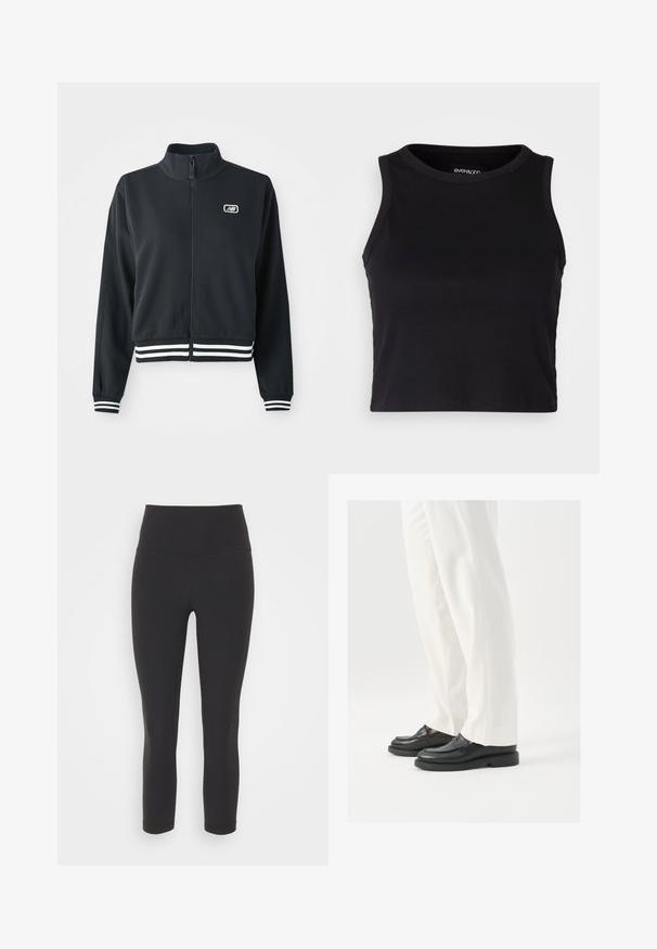 Czarna kurtka zapinana na zamek z wysokim kołnierzem, białymi paskami przy mankietach i u dołu, z małym logo na klatce piersiowej. Gładka tekstura materiału.; Czarny prążkowany krótki top bez rękawów z okrągłym dekoltem. Wykonany z miękkiego, elastycznego materiału, z wykończonymi krawędziami.; Czarne, dopasowane legginsy z rozciągliwego materiału, z wysokim stanem i gładką, matową fakturą, bez wzorów czy ozdób.; Czarne skórzane mokasyny o gładkiej teksturze, ze szczegółami w postaci szwów i zaokrąglonym noskiem, zestawione z białymi eleganckimi spodniami.