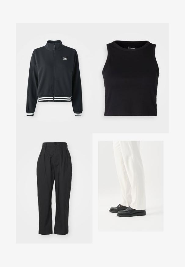 Svart zip-up jakke med høy krage, hvite stripete mansjetter og søm, med en liten logo på brystet. Glatt stoffstruktur.; Svart ribbet crop tank top med rund halslinning og ermeless design. Laget av myk, elastisk stoff med rene, kantede kanter.; Sorte bukser med høj talje, plisseret foran og en enkelt knaplukning. Lavet af glat stof, har lige ben og sidelommer.; Sorte lærloafers med en glat tekstur, syningdetaljer og en rund tå, parret med hvide skræddersyede bukser.