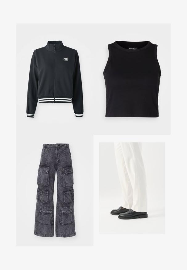 Giacca nera zip-up con colletto alto, polsini e orlo a strisce bianche, con un piccolo logo sul petto. Texture del tessuto liscia.; Top corto a costine nero con scollatura rotonda e design senza maniche. Realizzato in tessuto morbido ed elastico, presenta bordi rifiniti con cura.; Alpha Industries MULTIPOCKET PANT  - Pantaloni cargo - black; Mocassini neri in pelle con una texture liscia, dettagli in cucitura e punta arrotondata, abbinati a pantaloni bianchi su misura.