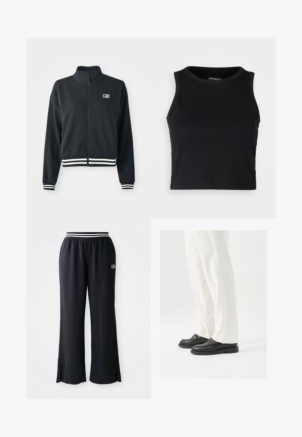 Black zip-up jacket with a high collar, white striped cuffs and hem, featuring a small logo on the chest. Smooth fabric texture.; Black ribbed crop tank top with a round neckline and sleeveless design. Made from soft, stretchy fabric, featuring clean hemmed edges.; Black athletic pants with a wide leg design, elastic waistband featuring black and white stripes, and side slits at the hem.; Black leather loafers with a smooth texture, stitch detailing, and a rounded toe, paired with white tailored pants.