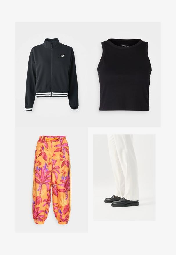 Fekete zipzáras dzseki magas gallérral, fehér csíkos mandzsettákkal és aljjal, a mellkason egy kis logóval. Sima szövettextúra.; Fekete bordás crop tank top kerek nyakkivágással és ujjtalan dizájnnal. Puha, rugalmas anyagból készült, tiszta, lekerekített szélű részletekkel.; Narancssárga anyagú harem nadrág nagy rózsaszín és lila virágmintákkal. Rugalmas derékpánt húzózsinórral, bordás bokák.; Fekete bőr loaferek sima textúrával, varrásos részletezéssel és kerek orral, fehér, szabott nadrággal párosítva.
