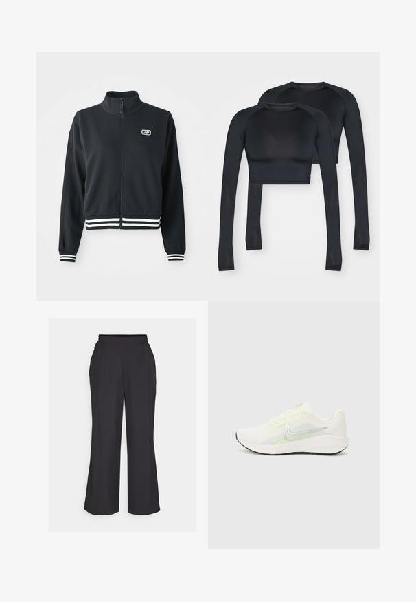 Černá zipová bunda s vysokým límcem, bílé pruhované manžety a lem, s malým logem na hrudi. Hladká textury látky.; Černé krátké topy s dlouhým rukávem vyrobené z hladké elastické tkaniny. Mají kulatý výstřih a kontrastní švy pro zvýraznění detailů.; Černé široké kalhoty s elastickým pasem, dvěma bočními kapsami a hladkým, lehkým materiálem. Jednoduchý design, bez viditelných vzorů.; Nike Performance DOWNSHIFTER 13 - Silniční běžecké boty - sail/silver-coloured photon dust/summit white/barely volt/black