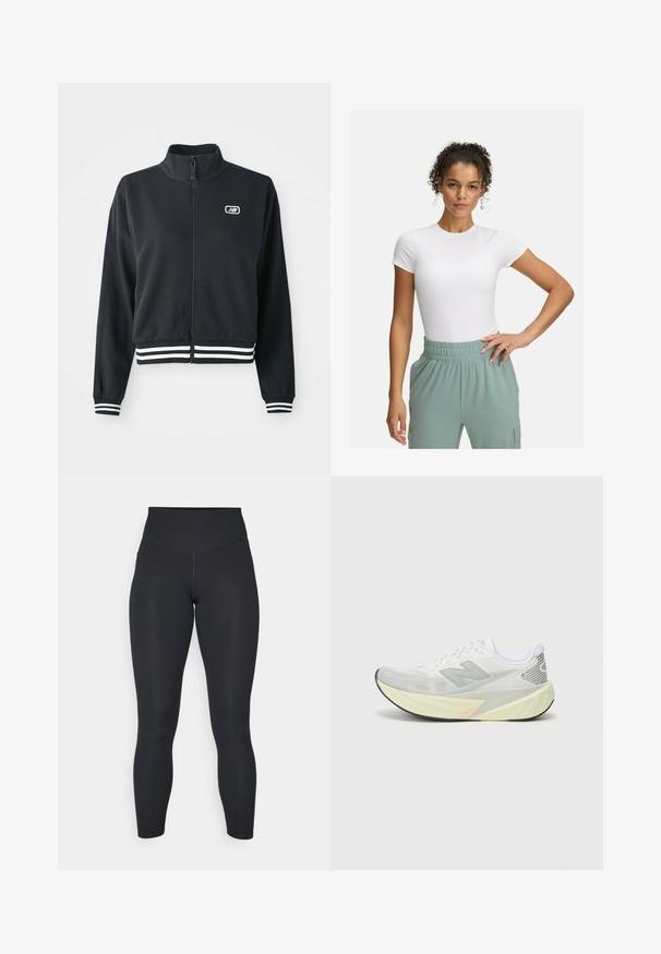 Črna zip-jakna z visokim ovratnikom, belimi črtastimi manšetami in robom, z majhnim logotipom na prsih. Gladka tekstura tkanine.; Bela prilegajoča majica s kratkimi rokavi, kombinirana z lahkimi hlačami z elastičnim pasom v svetlo zeleni barvi. Gladka tekstura, minimalistična zasnova in brez vidnih vzorcev.; Črne legice z visokim pasom, gladko teksturo in oprijetim dizajnom. Imajo ravne šive in polno dolžino brez vzorcev.; Lahka tekaška čevlja z zgornjim delom iz sive in bele mreže, izrazitim logotipom 'N' in rumenim podplatom z naklonjenimi detajli. Črn podplat.