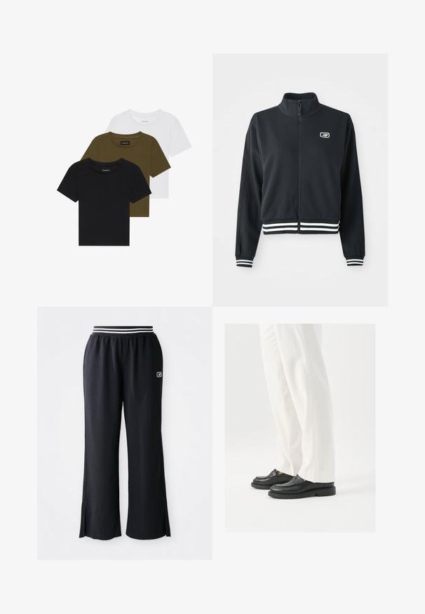 Casaco preto com fecho éclair, gola alta, punhos e bainha com riscas brancas, apresentando um pequeno logótipo no peito. Textura de tecido suave.; Três t-shirts de decote redondo em preto, verde-azeitona e branco. Com mangas curtas, golas ribadas e um design ajustado.; Calças atléticas pretas com um design de perna larga, cintura elástica com riscas pretas e brancas e fendas laterais na bainha.; Mocassins de couro preto com uma textura suave, detalhes de costura e bico arredondado, combinados com calças brancas ajustadas.