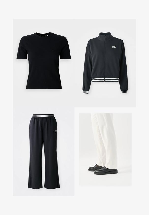 Black zip-up jacket with a high collar, white striped cuffs and hem, featuring a small logo on the chest. Smooth fabric texture.; Black ribbed short-sleeve t-shirt with a round neckline; features a subtle logo on the chest; made from a soft, textured fabric.; Black athletic pants with a wide leg design, elastic waistband featuring black and white stripes, and side slits at the hem.; Black leather loafers with a smooth texture, stitch detailing, and a rounded toe, paired with white tailored pants.