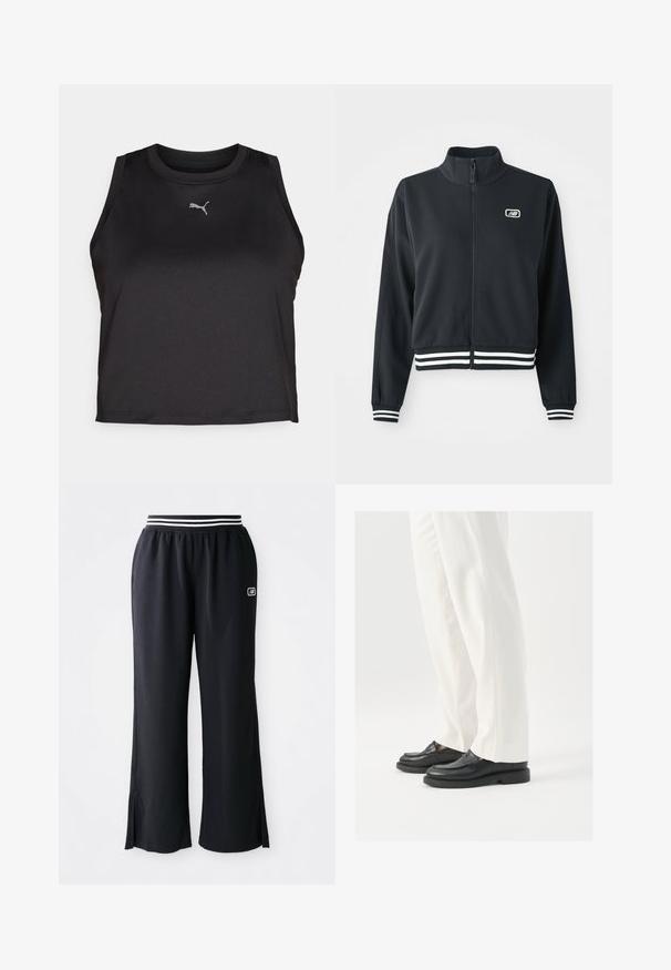 Czarna kurtka zapinana na zamek z wysokim kołnierzem, białymi paskami przy mankietach i u dołu, z małym logo na klatce piersiowej. Gładka tekstura materiału.; Czarny bezrękawnik sportowy w formie crop topu wykonany z gładkiego materiału, z okrągłym dekoltem i małym srebrnym logo Pumy na klatce piersiowej.; Czarne sportowe spodnie z szerokimi nogawkami, elastycznym pasem z czarno-białymi paskami oraz rozcięciami po bokach u dołu.; Czarne skórzane mokasyny o gładkiej teksturze, ze szczegółami w postaci szwów i zaokrąglonym noskiem, zestawione z białymi eleganckimi spodniami.