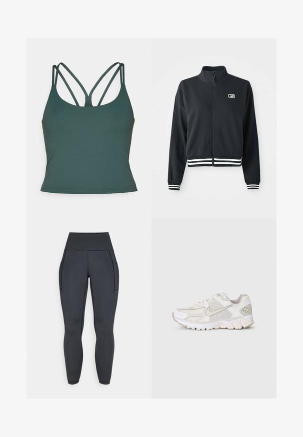 Mustat vetoketjullinen takki, jossa on korkea kaulus, valkoiset raidalliset hihansuut ja helma, sekä pieni logo rinnassa. Sujuva kangasrakennetta.; Fabletics PRINCIPAL BUILT IN BRA TANK - Toppi - everpine; Korkeavyötäröiset mustat legginsit, jotka on valmistettu venyvästä ja sileästä kankaasta. Varustettu kahdella sivutaskulla ja kontrastivärisillä ompeleilla saumoissa.; Valkoinen urheilukenkä, jossa on verkko- ja synteettisiä materiaaleja. Sisältää kuviollisen muotoilun, pehmeän kauluksen ja geometrisia yksityiskohtia kantapäässä.
