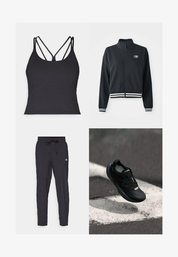 Zwarte ritssluiting jas met een hoge kraag, witte gestreepte manchetten en een zoom, voorzien van een klein logo op de borst. Gladde stoftextuur.; Zwarte tanktop met dunne bandjes en een kruisontwerp op de rug. Gemaakt van zachte, rekbare stof met een aansluitende pasvorm.; Zwarte trainingsbroek van lichtgewicht materiaal met een elastische tailleband en een verstelbaar trekkoord. Beschikt over een klein logo aan de zijkant.; Zwarte hardloopschoen met een gestructureerde bovenkant, slank ontwerp en reflecterende accenten. Heeft een zachte, gevoerde zool voor comfort.