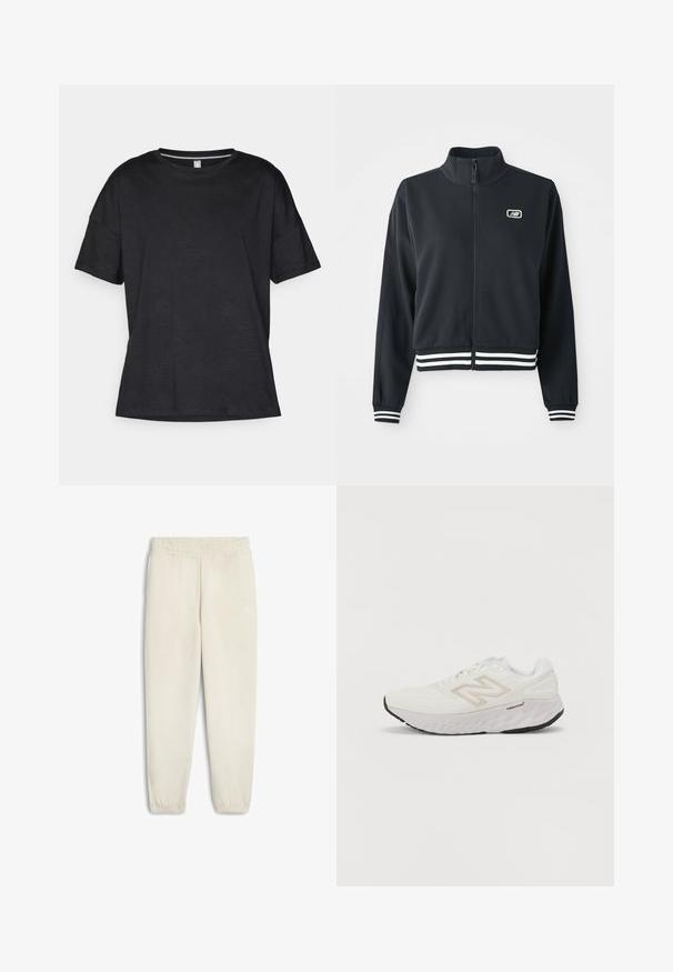 Črna zip-jakna z visokim ovratnikom, belimi črtastimi manšetami in robom, z majhnim logotipom na prsih. Gladka tekstura tkanine.; Črna kratkosleeve majica iz teksturirane tkanine z rahlim valovnim vzorcem, ima okroglo ovratnico in sproščen kroj.; Svetložute trenirke iz mekog materijala, sa elastičnim pojasom, manžetama na gležnjevima i malim belim logotipom sa strane.; Bela športna čevlja z mrežasto zgornjico, oblazinjeno ovratnico in debelim, strukturovanim podplatom. Ima svetlo sivo akcentacijo in logotip "New Balance" na strani.