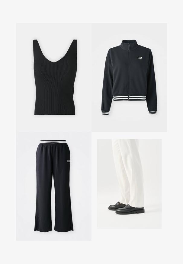 Čierna zipsová bunda s vysokým golierom, biele pruhované manžety a spodný lem, s malým logom na hrudi. Hladká textúra látky.; Čierny rebrovaný tielko s hlbokým V-výstrihom a širokými ramienkami. Hladká textúra, priliehavý strih a žiadne viditeľné ozdoby.; Čierne športové nohavice s širokým strihom, elastickým pásom s čierno-bielymi pruhmi a bočnými rozparkami na leme.; Čierne kožené mokasíny s hladkou textúrou, šitím a zaoblenou špičkou, spárované s bielymi elegantnými nohavicami.
