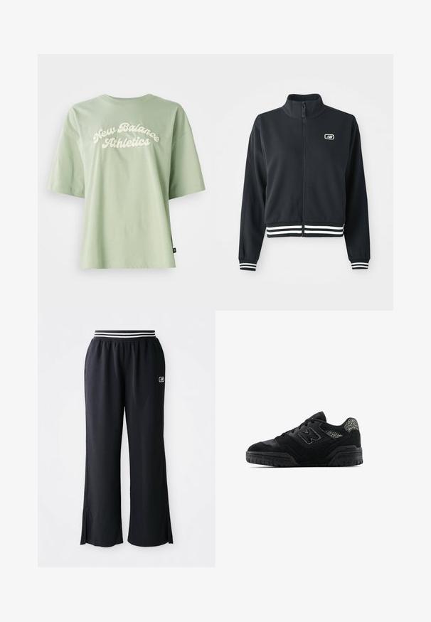 Black zip-up jacket with a high collar, white striped cuffs and hem, featuring a small logo on the chest. Smooth fabric texture.; Green cotton t-shirt featuring a curved, cream-colored "New Balance Athletics" logo on the front, with short sleeves and a relaxed fit.; Black athletic pants with a wide leg design, elastic waistband featuring black and white stripes, and side slits at the hem.; Black low-top sneaker with textured sole, lace-up design, suede panels, and patterned accents on heel and side logo.