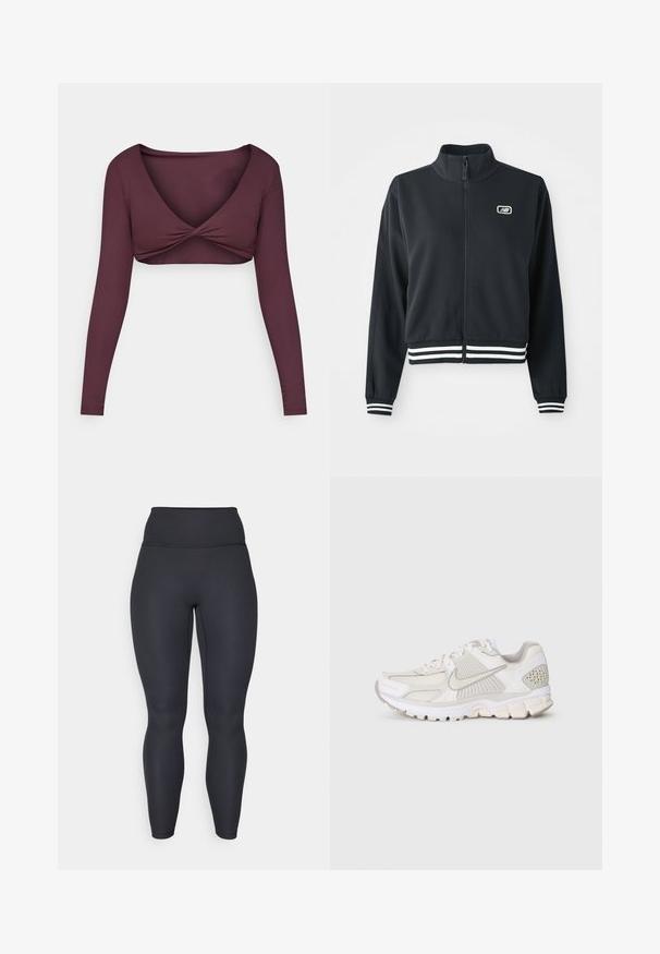 Juodas užtrauktukas švarkas su aukšta apykakle, baltais dryžiais ant rankovių ir apatinės dalies, su maža logo ant krūtinės. Lygaus audinio tekstūra.; Ilgas rankoves, tamsiai bordo spalvos trumpas viršus, pagamintas iš lygaus audinio, turintis sukasi priekyje dizainą ir plačią V formos iškirptę.; Aukšto juosmens juodi raukšlėti leggingai su prigludusia forma, lygiu paviršiumi ir pilno ilgio bei fit. Yra platus juosmens diržas, kuris suteikia atramą.; Baldos spalvos sportinė avalynė, pagaminta iš tinklinės ir sintetinės medžiagos. Yra su tekstūruotu dizainu, paminkštintu apvadu ir geometriniais akcentais ant kulno.