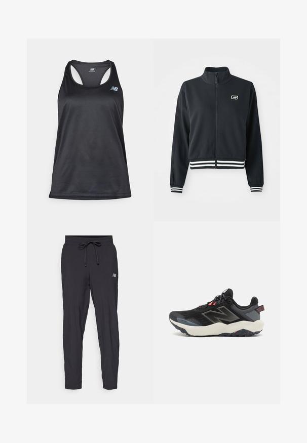 Černá zipová bunda s vysokým límcem, bílé pruhované manžety a lem, s malým logem na hrudi. Hladká textury látky.; Černý sportovní top vyrobený z lehkého materiálu, s designem na zadní části racerback, plochými švy a šedým logem New Balance na levém horním rohu.; Černé sportovní kalhoty vyrobené z lehkého materiálu s elastickým pasem a nastavitelným stahováním. Na boku se nachází malé logo.; Černá síťovaná sportovní bota s šedými akcenty, která má silnou bílou mezipodešev, texturovanou černou podrážku a červené tkaničky. Výrazný detail loga na boku.