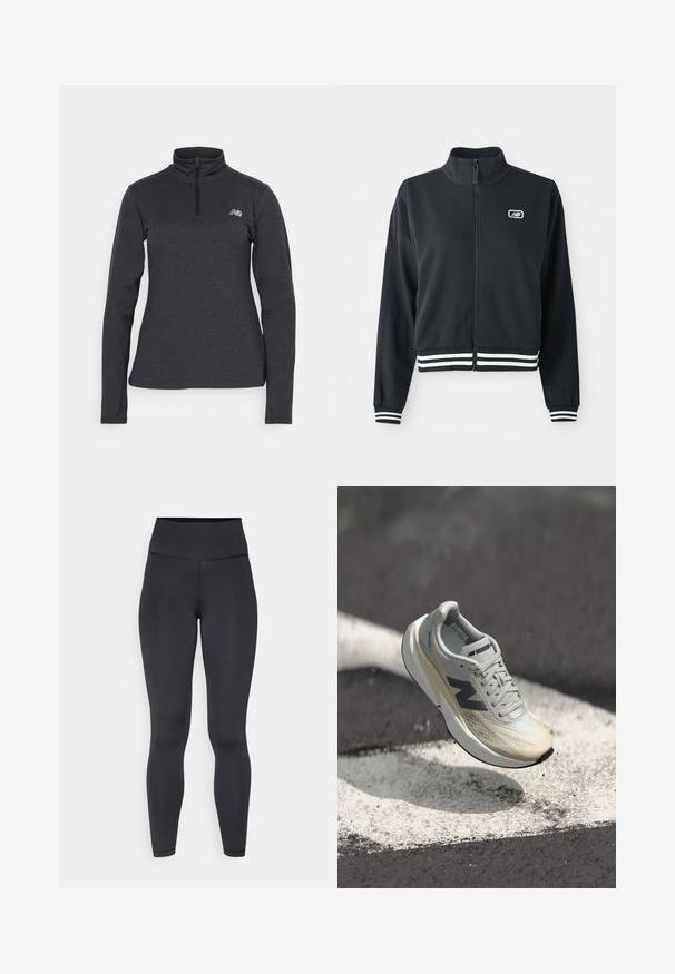 Juodas užtrauktukas švarkas su aukšta apykakle, baltais dryžiais ant rankovių ir apatinės dalies, su maža logo ant krūtinės. Lygaus audinio tekstūra.; Tamsiai pilkas, ilgos rankovės viršus su ketvirčio užtrauktuku. Minkšta, tekstūrinė medžiaga su mažais, atspindinčiais logotipais kairėje krūtinės pusėje. Minimalistinis dizainas.; Aukštos juosmens juodos legginsai, pagaminti iš tamprios medžiagos, pasižymintys lygiu paviršiumi ir Prigludusia forma, su minimaliais siuvimo elementais.; „New Balance“ bėgimo bateliai su šviesiai pilku tinkliniu viršumi, kreminiu tarpininiu padu, tamsiai pilkais akcentais ir elegantišku, aerodinaminiu dizainu.