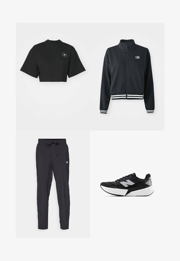 Jachetă neagră cu fermoar, cu guler înalt, manșete și tiv cu dungi albe, având un mic logo pe piept. Textură de țesătură netedă.; Tricou scurt negru, cu mâneci scurte, guler rotund ribat și un logo circular alb în zona stângă a pieptului. Material din bumbac.; Pantaloni de antrenament negri, confecționați dintr-un material ușor, cu talie elastică și șnur ajustabil. Au un mic logo pe lateral.; Pantof de alergare New Balance alb-negru, cu talpă groasă, parte superioară din plasă și logo-ul "N" pe lateral, văzut din partea exterioară.