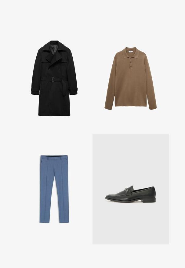 Svart trenchcoat med dubbelknäppt front, stor slagkrage, bälte i midjan och uppvikta ärmar. Slät tygstruktur.; Brun långärmad polo skjorta med krage och tre knappar, uppställd platt mot en vit bakgrund.; BOSS H-GENIUS-B1 - Tygbyxor - light blue three; Svart läderloafers med en slät yta, med en sydd design och en dekorativ metallkedjeaccent över västen. Platt häldesign.