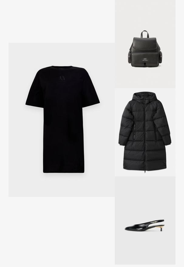 Černá péřová bunda s kapucí, která má prošívaný design, dvě kapsy na zip po stranách a plný zipový uzávěr. Hladká textura.; Černé tričko s kulatým výstřihem a krátkými rukávy, se znakem na prsou. Vyrobeno z měkké látky s volným střihem.; Černé slingback lodičky s špičatou špičkou, lesklým koženým povrchem a malým podpatkem se zlatým akcentem. Elegantní design s otevřenou zadní částí.; Černý kožený batoh s klopou, přední kapsou, bočními zipovými přihrádkami a horní rukojetí. Na přední straně je umístěno logo.