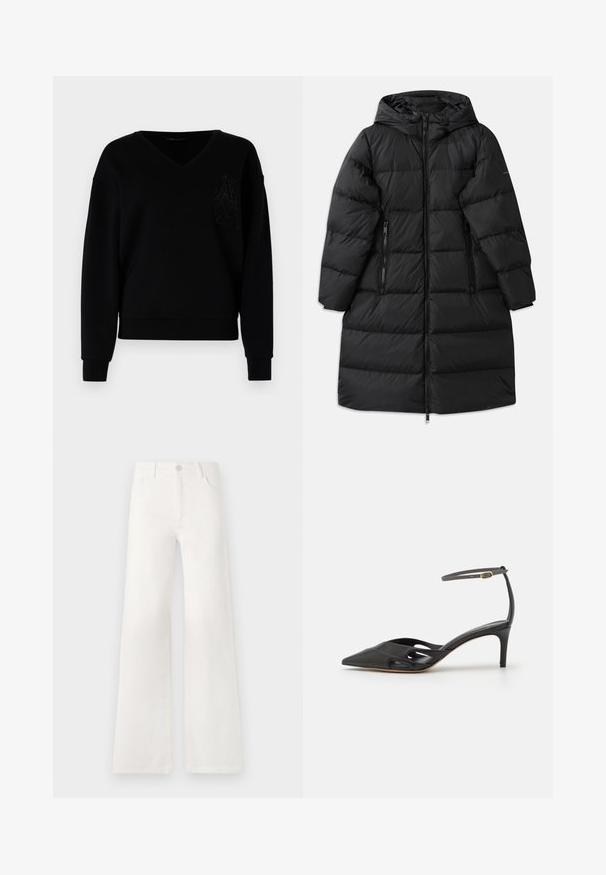 Μαύρο φουσκωτό μπουφάν με κουκούλα, που διαθέτεικαπιτονέ σχέδιο, δύο ζιπ-προτούς πλαϊνές τσέπες και φερμουάρ πλήρους μήκους. Λείο υφή.; Μαύρο φούτερ με V-λαιμό, μακριά μανίκια και εφαρμοστό στρίφωμα. Διαθέτει ανάγλυφο σχέδιο και διακοσμητικά στοιχεία στην αριστερή περιοχή του στήθους.; Μαύρη βαμβακερή μπλούζα με κοντό μανίκι και στρογγυλή λαιμόκοψη. Διαθέτει λευκό λογότυπο κεντραρισμένο στο στήθος. Απλός, μινιμαλιστικός σχεδιασμός.; Λευκά, ψηλόμεσα τζιν παντελόνια με φαρδιά πόδια από τζιν ύφασμα. Διαθέτει κλείσιμο με κουμπί, δύο μπροστινές τσέπες και πλαϊνές ραφές με λεπτομέρειες ραφής.; Μαύρο δερμάτινο ψηλοτάκουνο παπούτσι με μυτερή μύτη, ανοιχτές πλευρές και λεπτό λουράκι στον αστράγαλο που διαθέτει μια μικρή χρυσή λεπτομέρεια.