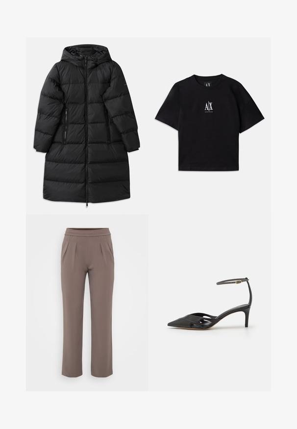 Sort pufferjakke med hætte, der har et quiltet design, to lynlåslommer på siden og en lynlås der går hele vejen ned. Glat tekstur.; Sort bomulds T-shirt med korte ærmer og rund hals. Har et hvidt logo centreret på brystet. Enkel, minimalistisk design.; Taupe løs-fit bukser med elastisk talje og frontfald, lavet af glat stof.; Sort læder højhælet sko med spids tå, åbne sider og en tynd ankelrem med en lille guld detalje.