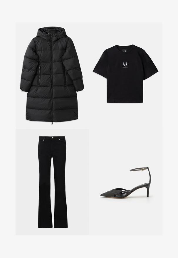 Fekete puffermellény kapucnival, steppelt mintával, két cipzáros oldalzsebbel és teljes hosszúságú cipzárral. Simább textúra.; Fekete pamut póló rövid ujjakkal és kerek nyakkal. Középen elhelyezett fehér logóval rendelkezik a mellkasán. Egyszerű, minimalista dizájn.; Fekete, bővülő szárú farmernadrág, két elülső zsebből áll, gombos záródással és sima textúrával rendelkezik. A varrásoknál látható a jellegzetes öltés.; Fekete bőr magassarkú cipő, hegyes orral, nyitott oldalakkal és vékony bokapánttal, amelyen egy kis arany fémrész található.