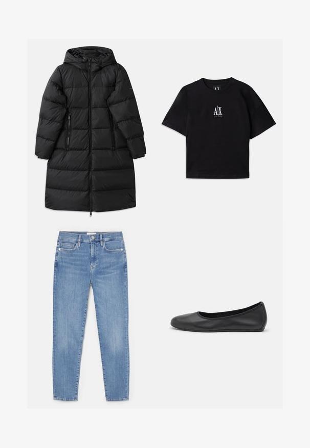 Black puffer coat with a hood, featuring a quilted design, two zippered side pockets, and a full-length zipper closure. Smooth texture.; Black cotton t-shirt with short sleeves and a crew neck. Features a white logo centered on the chest. Simple, minimalistic design.; Light blue denim jeans with a fitted design, five pockets, a front button closure, and visible stitching along the seams.; Black leather ballet flat with a rounded toe, smooth texture, minimal stitching detail, and a flexible sole design.