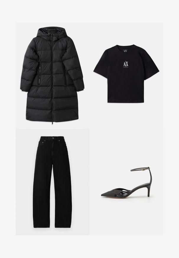 Černá péřová bunda s kapucí, která má prošívaný design, dvě kapsy na zip po stranách a plný zipový uzávěr. Hladká textura.; Černé bavlněné tričko s krátkými rukávy a kulatým výstřihem. Na hrudi se nachází bílé logo umístěné uprostřed. Jednoduchý, minimalistický design.; Černé džínové široké kalhoty s vysokým pasem, předním zapínáním na knoflík, kapsami a hladkou, matnou texturou.; Černá kožená vysoká obuv na podpatku s špičatou špičkou, otevřenými stranami a tenkým páskem kolem kotníku se zlatým kovovým detailem.