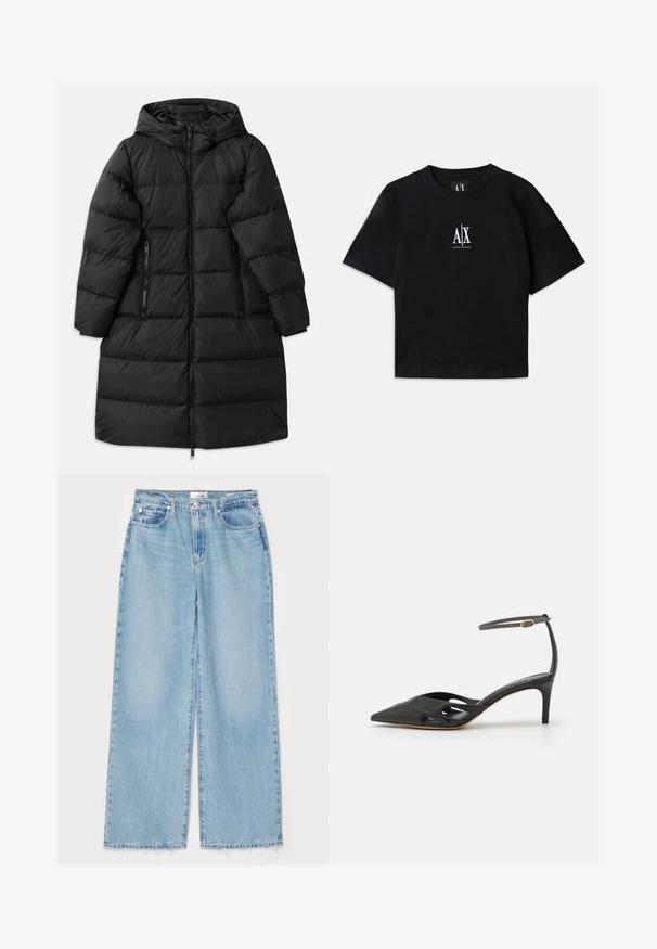 Sort pufferjakke med hætte, der har et quiltet design, to lynlåslommer på siden og en lynlås der går hele vejen ned. Glat tekstur.; Sort bomulds T-shirt med korte ærmer og rund hals. Har et hvidt logo centreret på brystet. Enkel, minimalistisk design.; Lyseblå bredbenede jeans lavet af denim, med en frynset nederste kant, klassisk fem-lomme design og en knaplukning i taljen.; Sort læder højhælet sko med spids tå, åbne sider og en tynd ankelrem med en lille guld detalje.