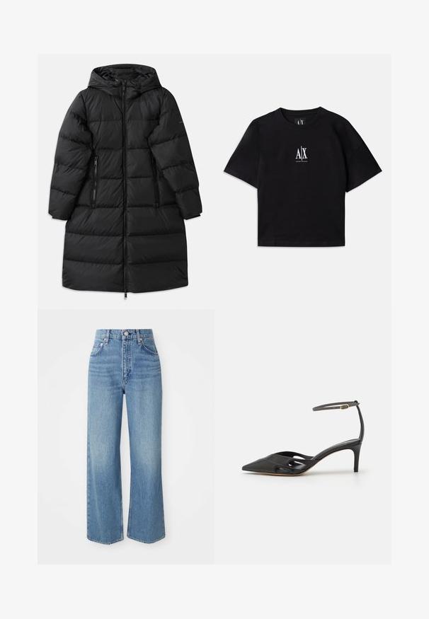 Schwarze Daunenjacke mit Kapuze, ausgestattet mit einem gesteppten Design, zwei seitlichen Reißverschlusstaschen und einem durchgehenden Reißverschluss. Glatte Textur.; Schwarzes Baumwoll-T-Shirt mit kurzen Ärmeln und Rundhalsausschnitt. Mit einem weißen Logo, das zentral auf der Brust platziert ist. Einfaches, minimalistisches Design.; Helle blaue Denim-Jeans mit hoher Taille, weitem Bein und rohem Saum. Verfügt über ein traditionelles Fünf-Taschen-Design und einen silbernen Knopfverschluss.; Schwarzer Leder-Pumps mit spitzem Zehenbereich, offenen Seiten und einem dünnen Knöchelriemen mit einem kleinen goldenen Hardware-Detail.