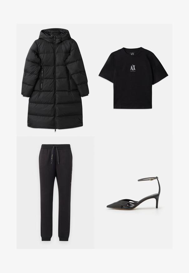 Sort pufferjakke med hætte, der har et quiltet design, to lynlåslommer på siden og en lynlås der går hele vejen ned. Glat tekstur.; Sort bomulds T-shirt med korte ærmer og rund hals. Har et hvidt logo centreret på brystet. Enkel, minimalistisk design.; Sorte joggers lavet af blødt bomuld med elastisk talje og snoretræk. Har ribbede manchetter og broderet tekst på siden.; Sort læder højhælet sko med spids tå, åbne sider og en tynd ankelrem med en lille guld detalje.