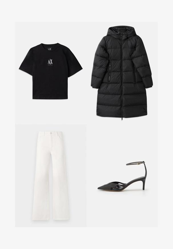 Černá péřová bunda s kapucí, která má prošívaný design, dvě kapsy na zip po stranách a plný zipový uzávěr. Hladká textura.; Černé bavlněné tričko s krátkými rukávy a kulatým výstřihem. Na hrudi se nachází bílé logo umístěné uprostřed. Jednoduchý, minimalistický design.; Bílé džíny s vysokým pasem a širokými nohavicemi vyrobené z denimové látky. Mají zapínání na knoflík, dvě přední kapsy a boční švy se švy.; Černá kožená vysoká obuv na podpatku s špičatou špičkou, otevřenými stranami a tenkým páskem kolem kotníku se zlatým kovovým detailem.