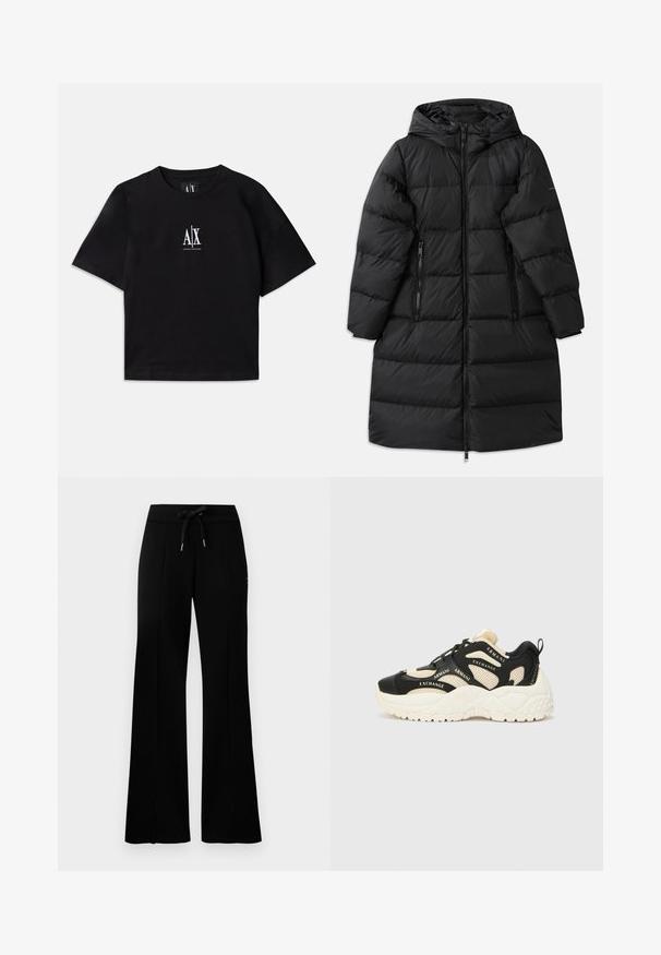 Abrigo de plumas negro con capucha, con un diseño acolchado, dos bolsillos laterales con cremallera y un cierre de cremallera de longitud completa. Textura suave.; Camiseta de algodón negro con mangas cortas y cuello redondo. Presenta un logo blanco centrado en el pecho. Diseño simple y minimalista.; Pantalones de chándal anchos y negros con cintura elástica y cordón, acentos de abertura lateral, tela suave y un diseño elegante.; Zapatillas negras y crema con una suela texturizada, paneles de malla y acentos de texto de la marca. Punta redonda y diseño de cordones. Lengüeta trasera ajustable.