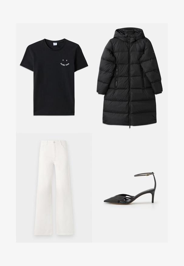 Černá péřová bunda s kapucí, která má prošívaný design, dvě kapsy na zip po stranách a plný zipový uzávěr. Hladká textura.; Černé bavlněné tričko s kulatým výstřihem a krátkými rukávy. Na přední straně se nachází bílý grafický text v zakřiveném designu. Minimalistický styl.; Bílé džíny s vysokým pasem a širokými nohavicemi vyrobené z denimové látky. Mají zapínání na knoflík, dvě přední kapsy a boční švy se švy.; Černá kožená vysoká obuv na podpatku s špičatou špičkou, otevřenými stranami a tenkým páskem kolem kotníku se zlatým kovovým detailem.