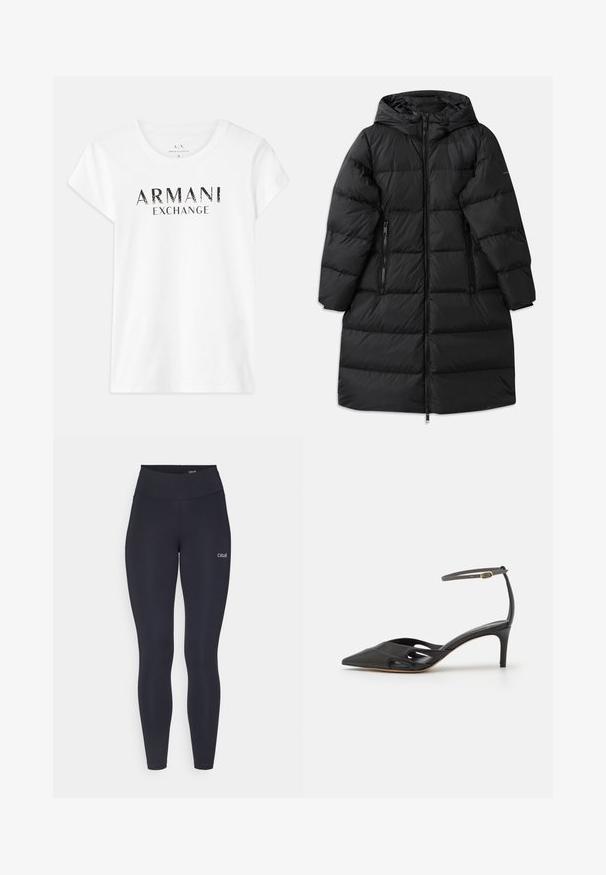 Melnā pūkainā jaka ar kapuci, ar izšūtu dizainu, divām ar rāvējslēdzēju abpusējām kabatām un garu rāvējslēdzēju aizdari. Gluda tekstūra.; Balta kokvilnas pupa ar īsām piedurknēm, ar melnu apdruku "ARMANI EXCHANGE" uz priekšpuses. Klasisks apaļais kakls.; Melnas legingi ar augstu jostu, izgatavoti no elastīga auduma, ar nelielu baltu logo uz augšstilba un gludu tekstūru.; Melna ādas augstpapēžu kurpe ar norādītu purngalu, atvērtām malām un plānu potītes siksniņu, kurai ir neliels zelta aksesuārs.