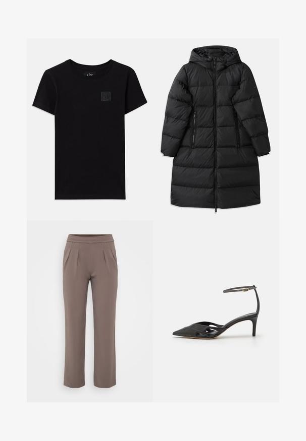 Fekete puffermellény kapucnival, steppelt mintával, két cipzáros oldalzsebbel és teljes hosszúságú cipzárral. Simább textúra.; Fekete pamut póló kerek nyakkivágással és rövid ujjal. Elöl egy kis téglalap alakú logócímke található.; Taupe színű, lazán szabott nadrág, gumis derékkal és elülső pliszírozással, sima anyagból készült.; Fekete bőr magassarkú cipő, hegyes orral, nyitott oldalakkal és vékony bokapánttal, amelyen egy kis arany fémrész található.