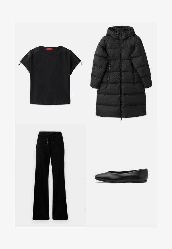 Abrigo de plumas negro con capucha, con un diseño acolchado, dos bolsillos laterales con cremallera y un cierre de cremallera de longitud completa. Textura suave.; Camiseta de colección negra, corta y con cuello redondo. Presenta una tela suave con paneles de satén en los hombros y detalles de cordón en las mangas.; Pantalones de chándal anchos y negros con cintura elástica y cordón, acentos de abertura lateral, tela suave y un diseño elegante.; Paul Smith TOPANGA - Bailarinas - black