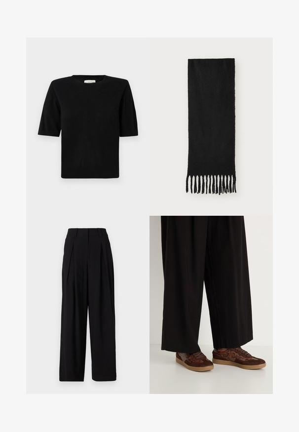 Brown double-breasted blazer with black buttons, notch lapels, long sleeves, and three front pockets, laid flat on a white background.; Black short-sleeve knit top with a round neckline and ribbed cuffs. Features a relaxed boxy fit and soft texture. Label visible inside.; Black wide-leg trousers made of smooth fabric, featuring a high waistband, pleats at the front, and a flowing silhouette.; Brown sneakers featuring a mixed material design with suede and snake print accents, round toe, lace-up closure, and textured rubber soles.; Black scarf made of soft fabric with a smooth texture, featuring knotted fringe ends and a rectangular shape.; Set of twelve hoop earrings in silver and gold tones. Includes twisted, smooth, and textured designs with various sizes and finishes.