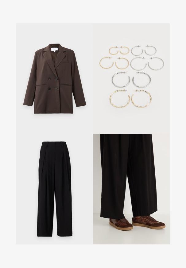 Sacou maro cu două rânduri de butoni, cu butoni negri, revere clasică, mâneci lungi și trei buzunare frontale, așezat plat pe un fundal alb.; Top maro fără mâneci, realizat dintr-un material moale, având umeri pliați și detalii pliate pe laterale, gât fără cusături și siluetă ajustată.; Pantaloni negri evazați dintr-un material neted, având un talie înaltă, pliseuri în față și o siluetă fluidă.; Adidași maro cu un design din materiale mixte, accentuați cu piele de căprioară și imprimeu de șarpe, vârf rotund, închidere cu șireturi și talpă din cauciuc texturat.; Set de douăsprezece cercei cercei în nuanțe de argint și aur. Include modele răsucite, netede și texturate, cu dimensiuni și finisaje variate.