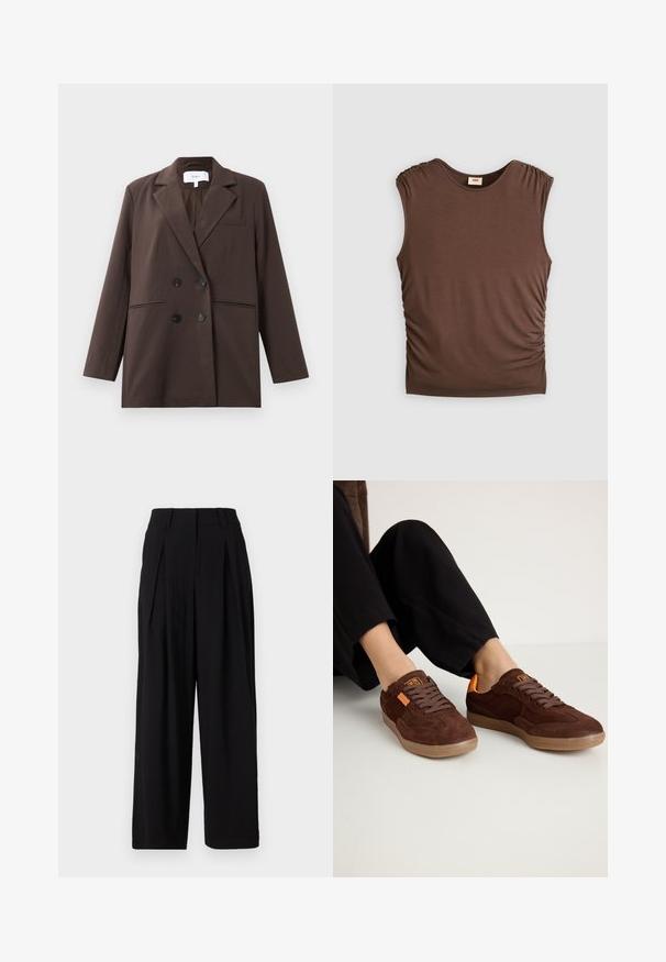 Brown double-breasted blazer with black buttons, notch lapels, long sleeves, and three front pockets, laid flat on a white background.; Brown sleeveless top made of soft fabric, featuring gathered shoulders and side ruched detailing, seamless neck, and fitted silhouette.; Black wide-leg trousers made of smooth fabric, featuring a high waistband, pleats at the front, and a flowing silhouette.; Brown suede sneakers with a rounded toe, textured upper, and orange accents. Features flat laces and a rubber sole.